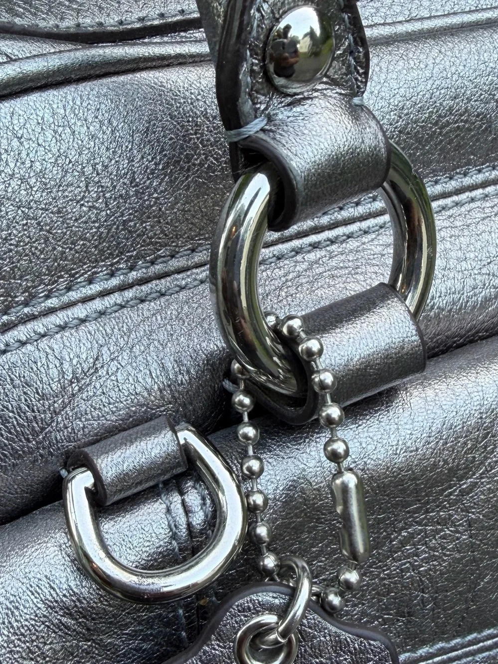 Coach Poppy Metallic Leather  Silver Pushlock Satchel 17888 With Crossbody Strap